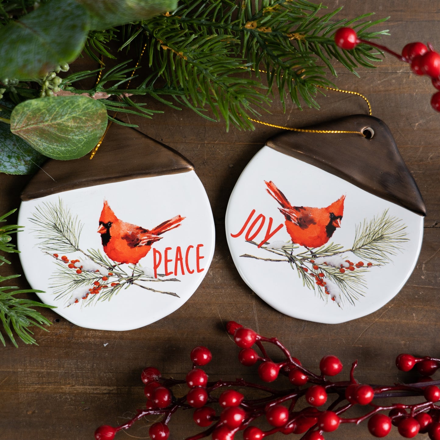 Ceramic Cardinal Pine Branch Peace Joy Tag Ornament (Set of 12)