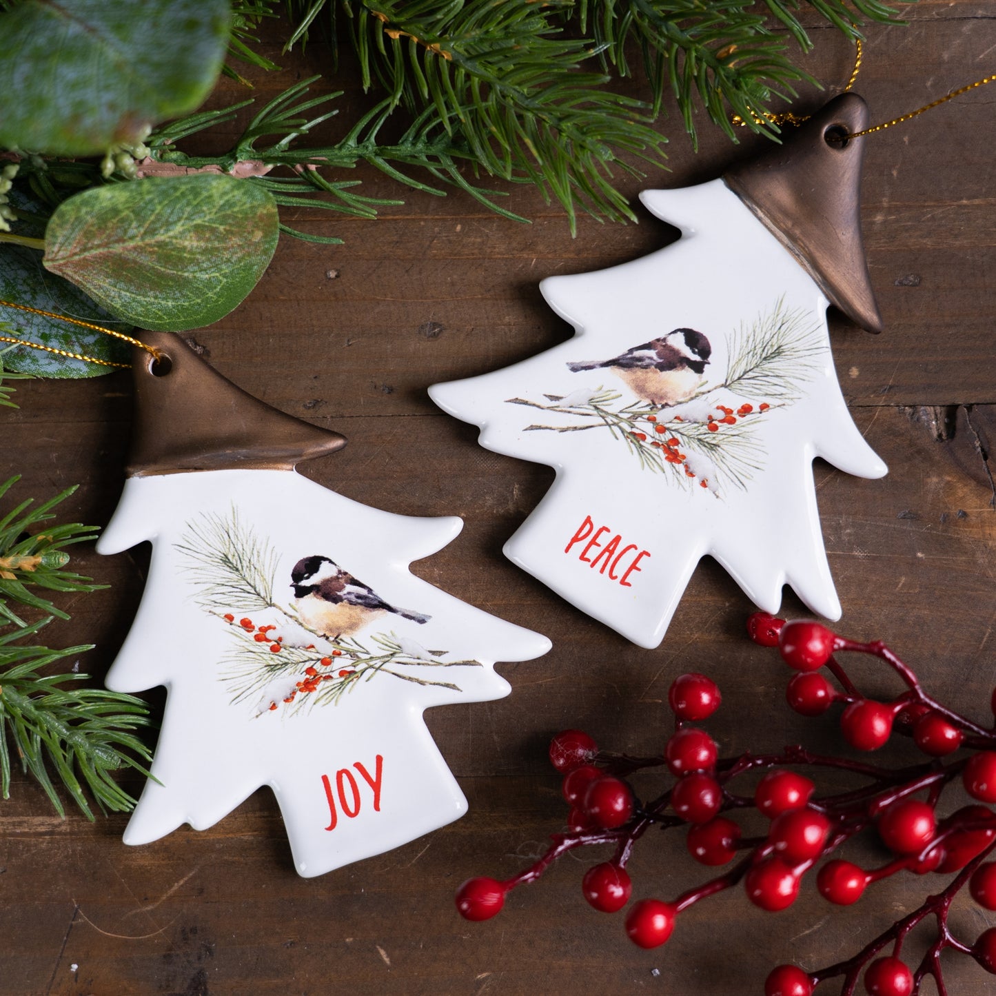 Ceramic Chickadee Pine Branch Peace Joy Tag Ornament (Set of 12)