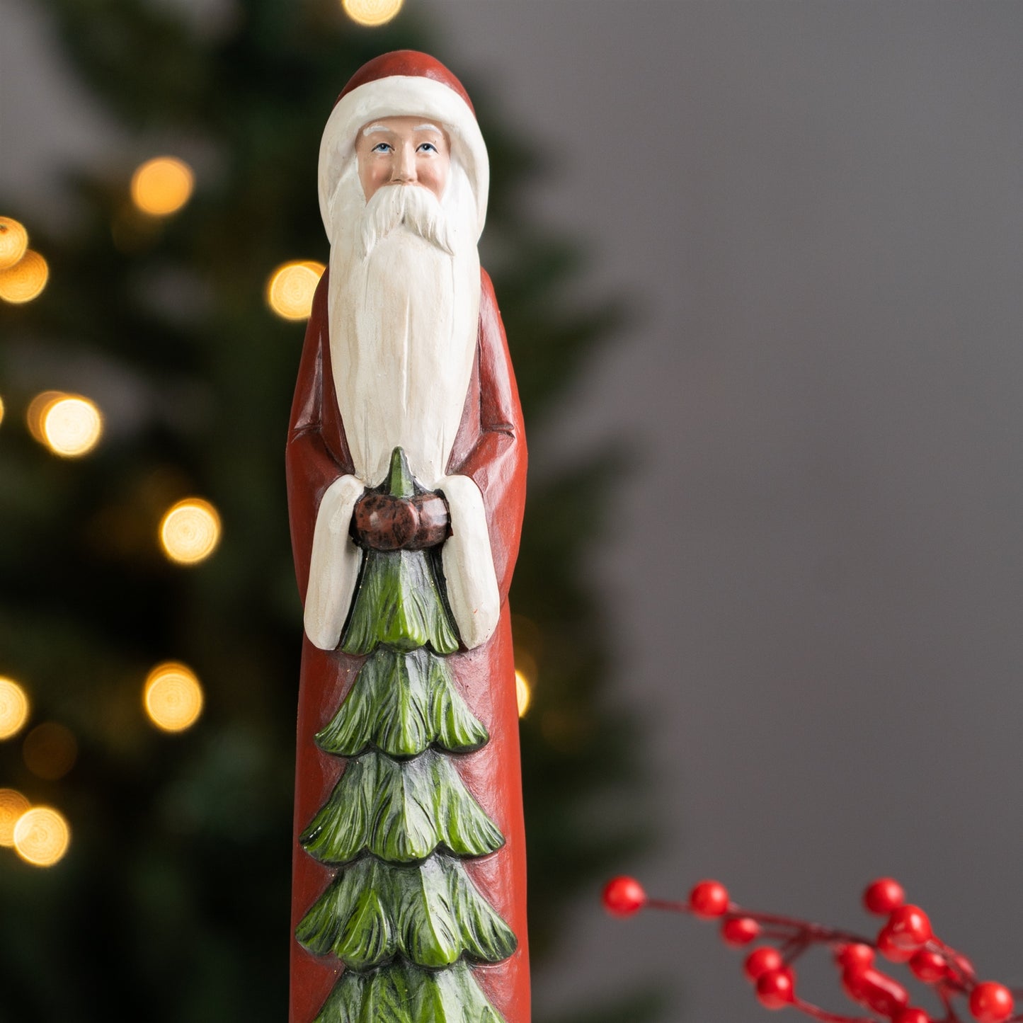 Stone Santa Figurine with Pine Tree (Set of 2)