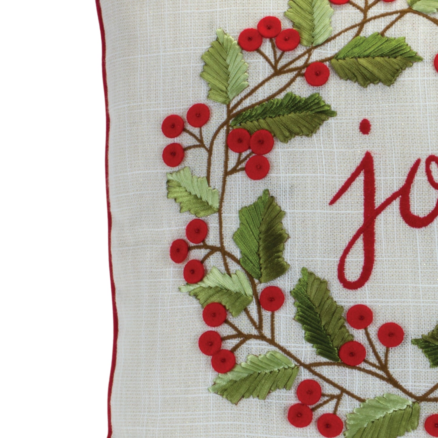 Joy Embroidered Holly Berry Wreath Throw Pillow 15"SQ