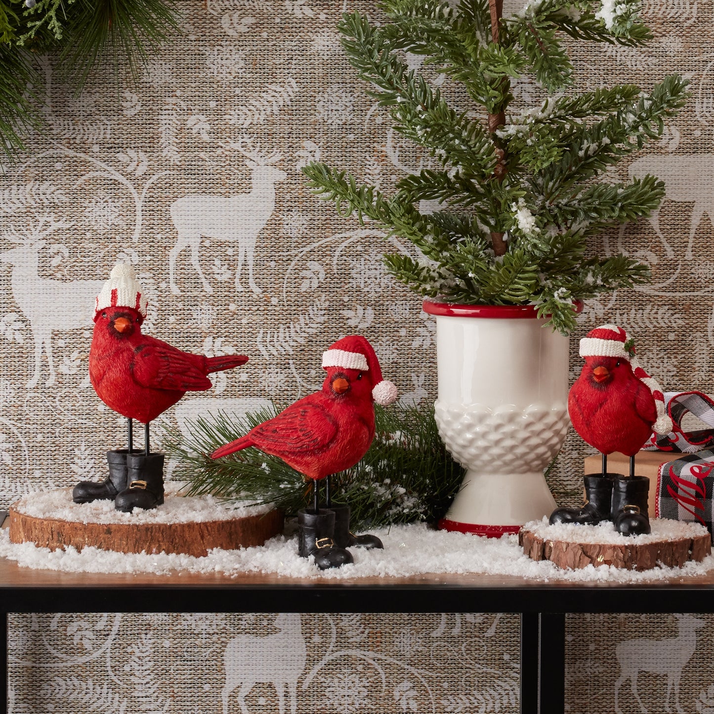 Winter Cardinal Bird Figurine with Santa Boots and Hat (Set of 3)