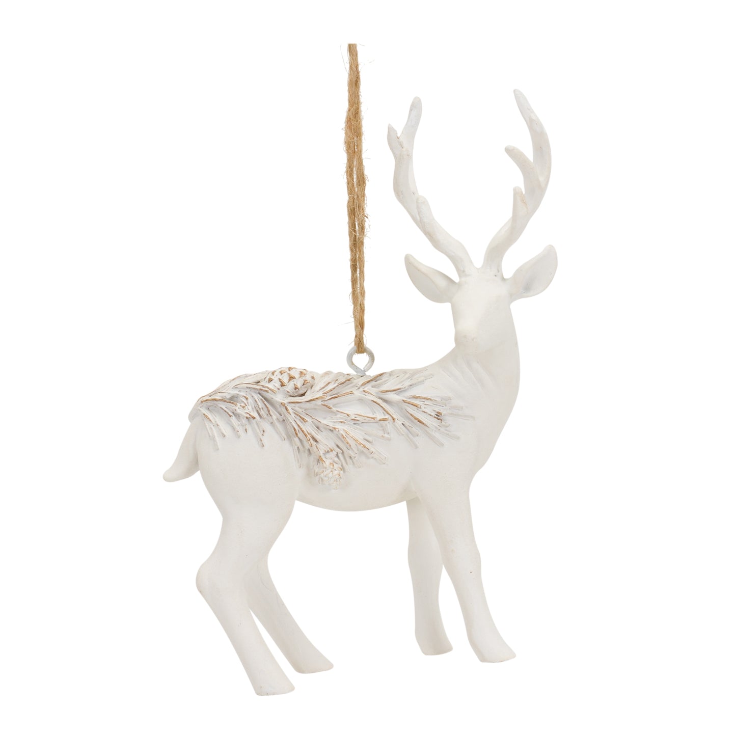 Modern White Deer Ornament with Raised Pine Design (Set of 6)