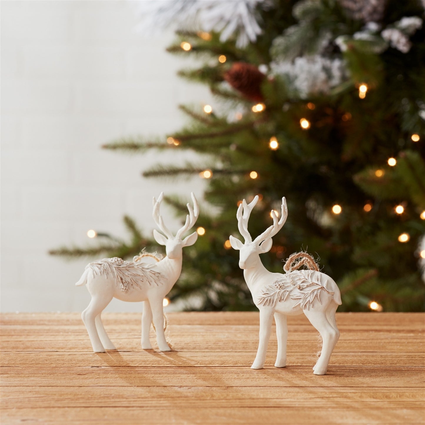 Modern White Deer Ornament with Raised Pine Design (Set of 6)