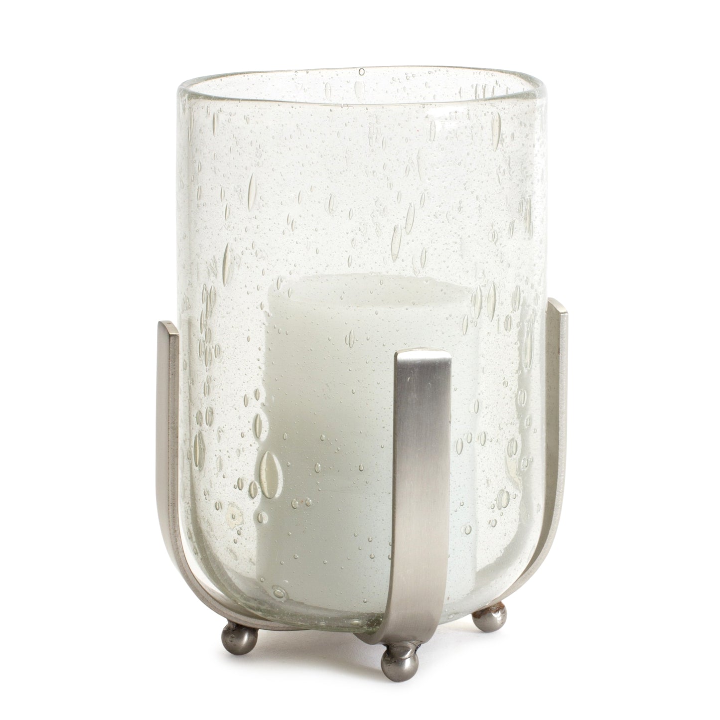 Bubbled Glass Vase Candle Hurricane with Metal Stand