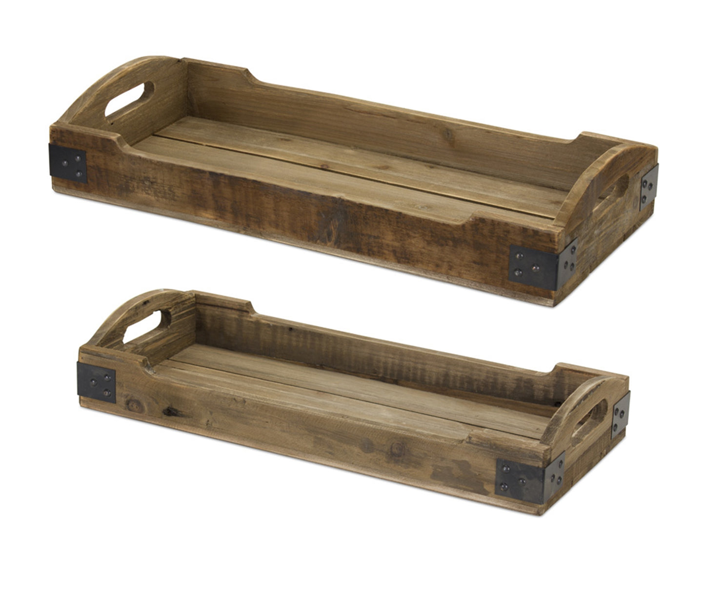 Rustic Wooden Crate Design Tray with Metal Accents (Set of 2)