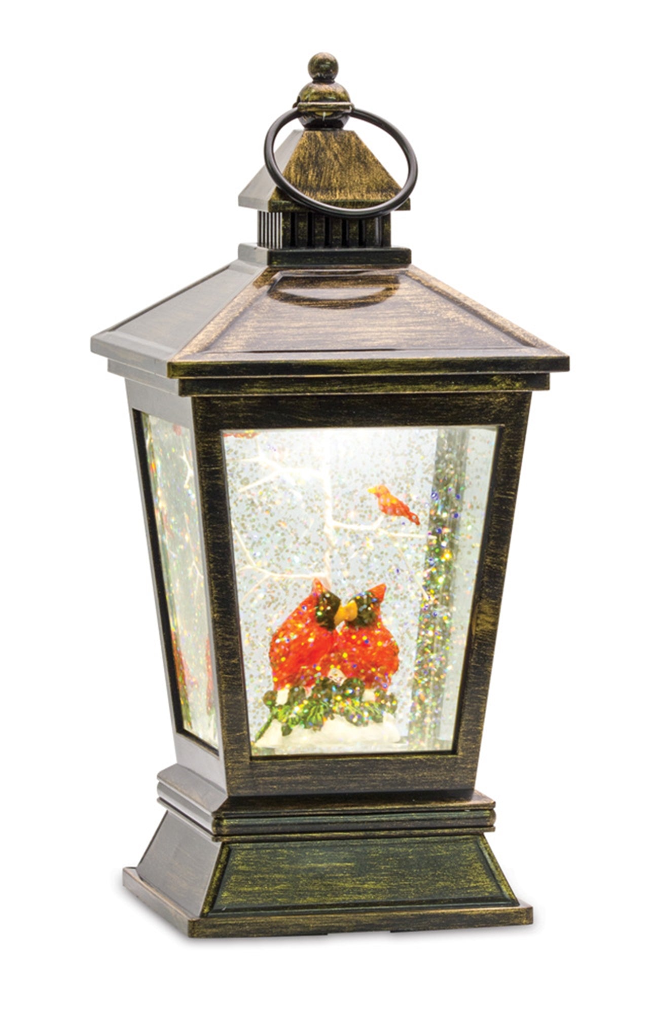 LED Snow Globe Lantern with Cardinal Bird Couple 10.5"H