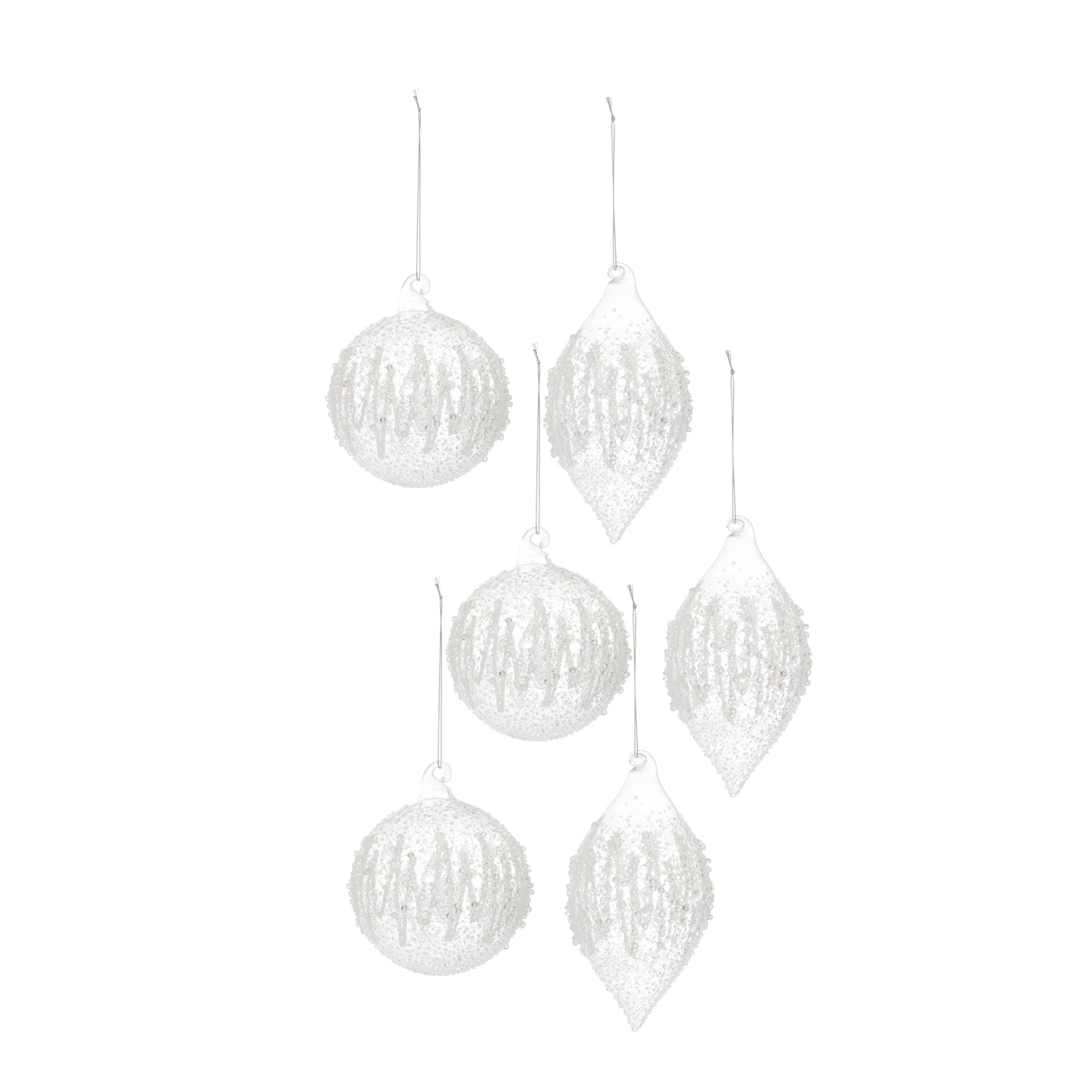 Clear Glass Ornament with Silver Bead Design (Set of 6)