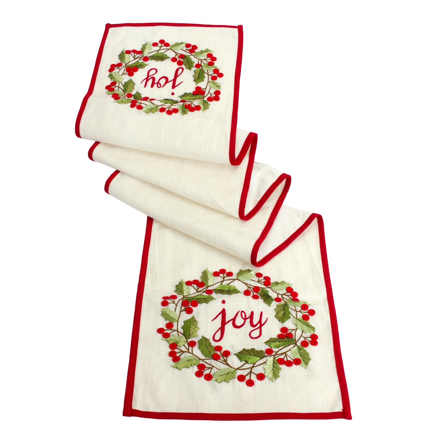 Joy Embroidered Holly Berry Wreath Table Runner 72"L