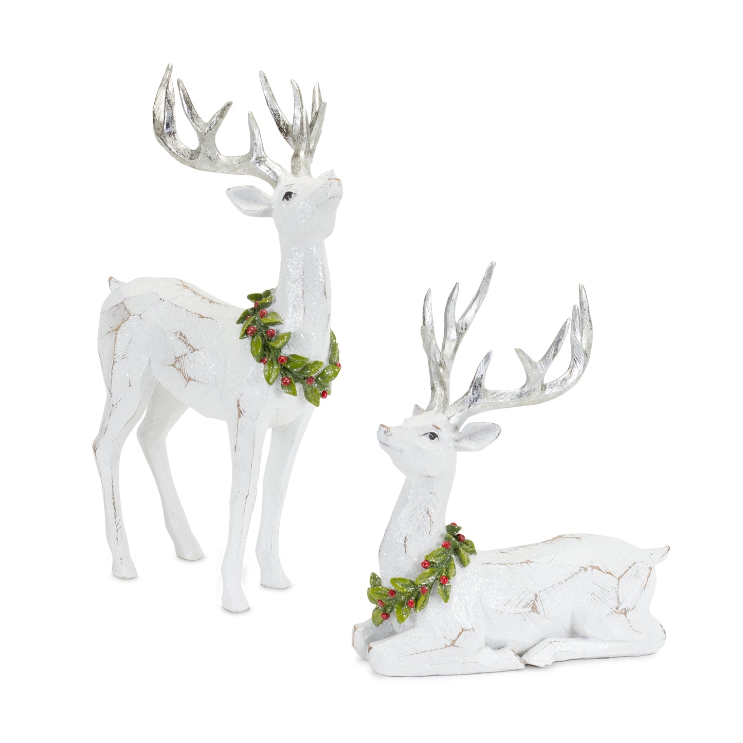 White Deer Figurine with Silver Antler and Wreath Accent (Set of 2)
