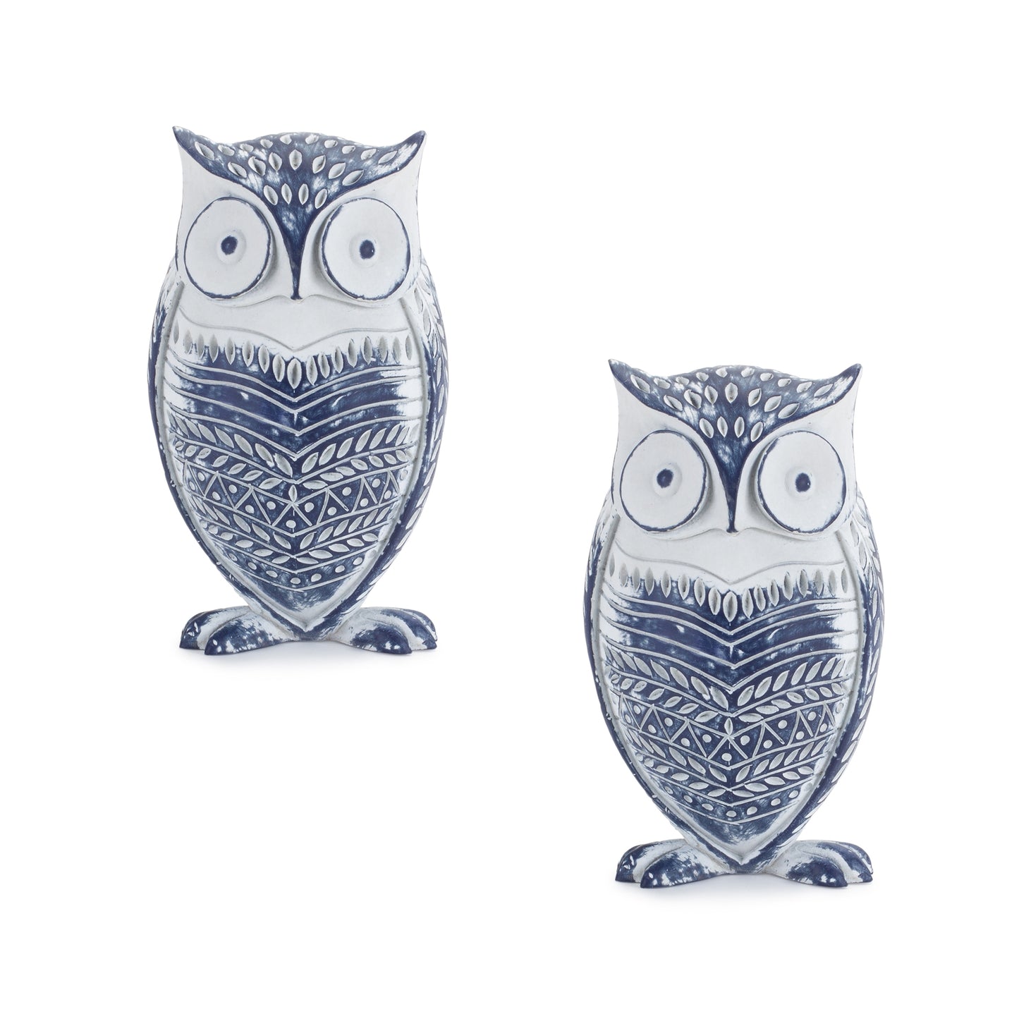White Washed Owl Décor with Blue Floral Design 6.5"H