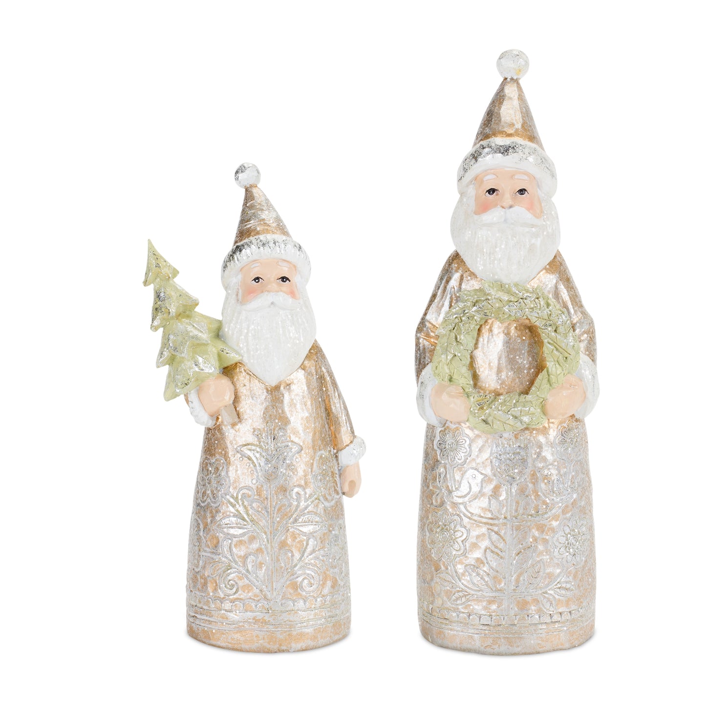 Gold Floral Pattern Santa Figurine with Pine Accent (Set of 2)