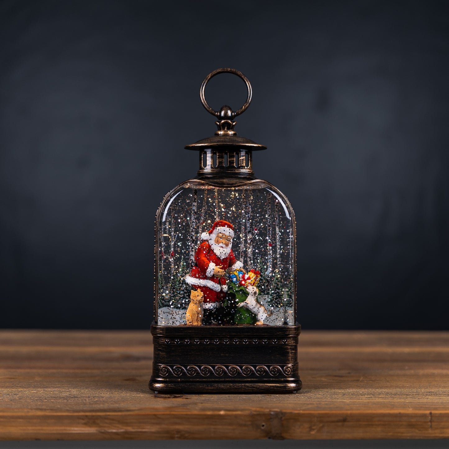 LED Snow Globe Lantern with Santa and Dog 11.25"H