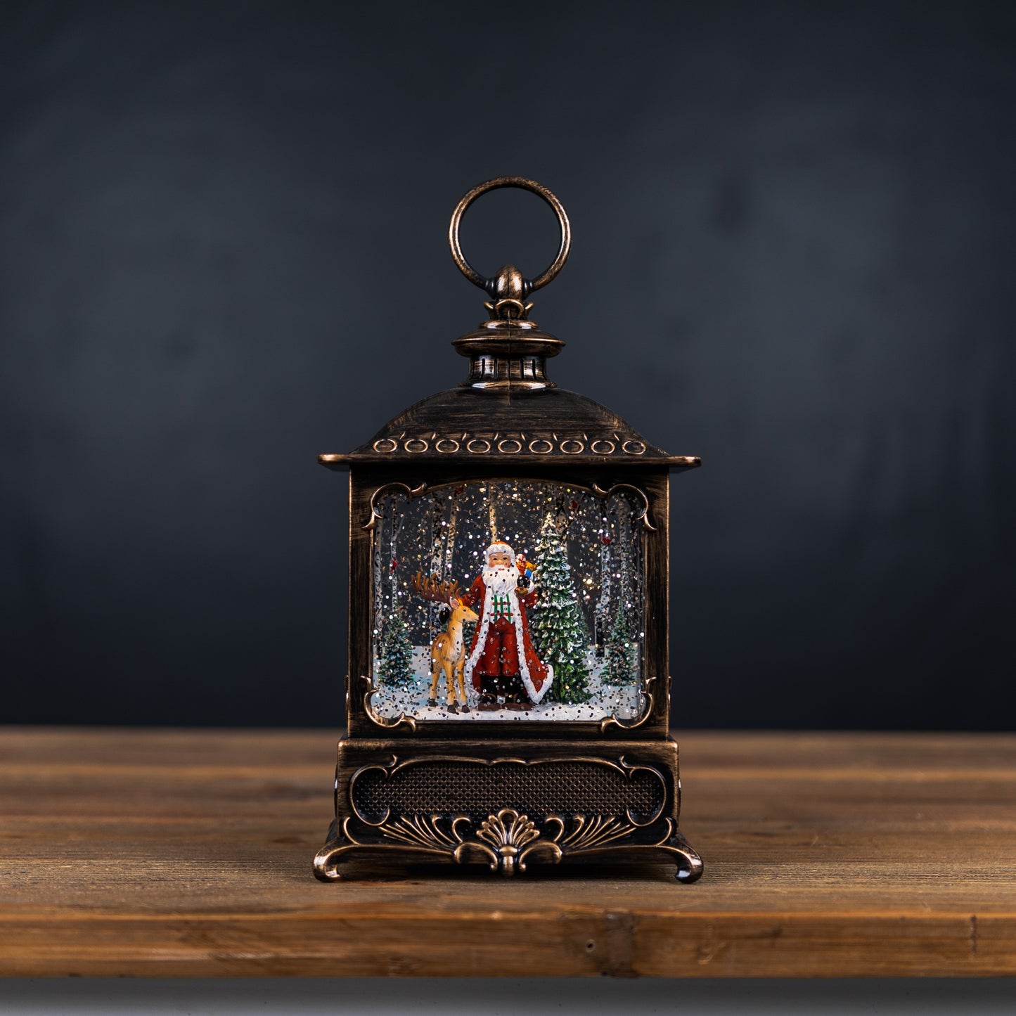 LED Snow Globe Lantern with Santa and Deer 11.25"H