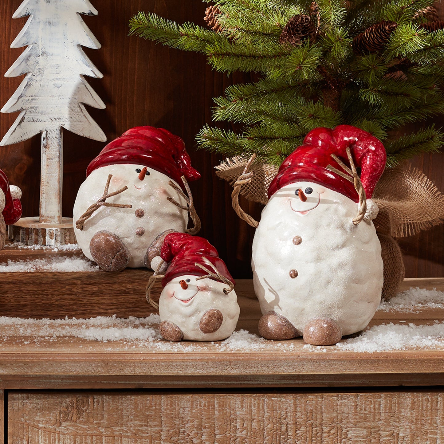 Terra Cotta Snowman with Santa Hat Figurine (Set of 3)
