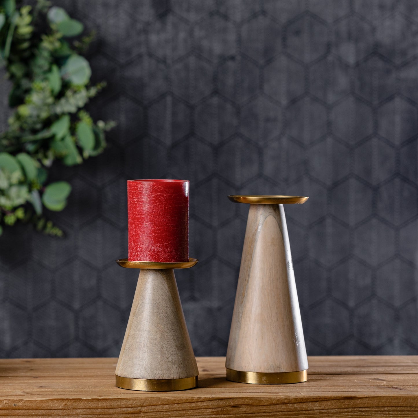 Natural Wood Candle Holder with Metal Accent (Set of 2)