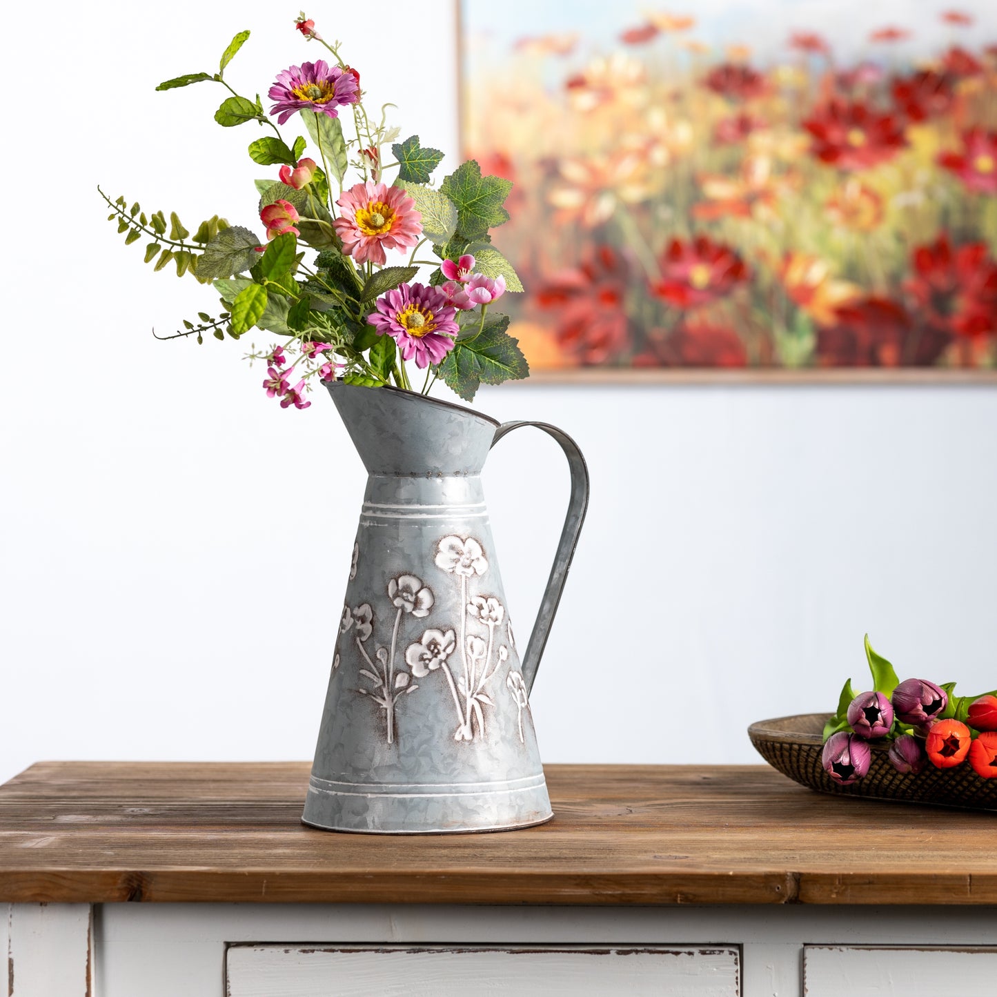 Floral Stamped Metal Pitcher Vase 12.5"H