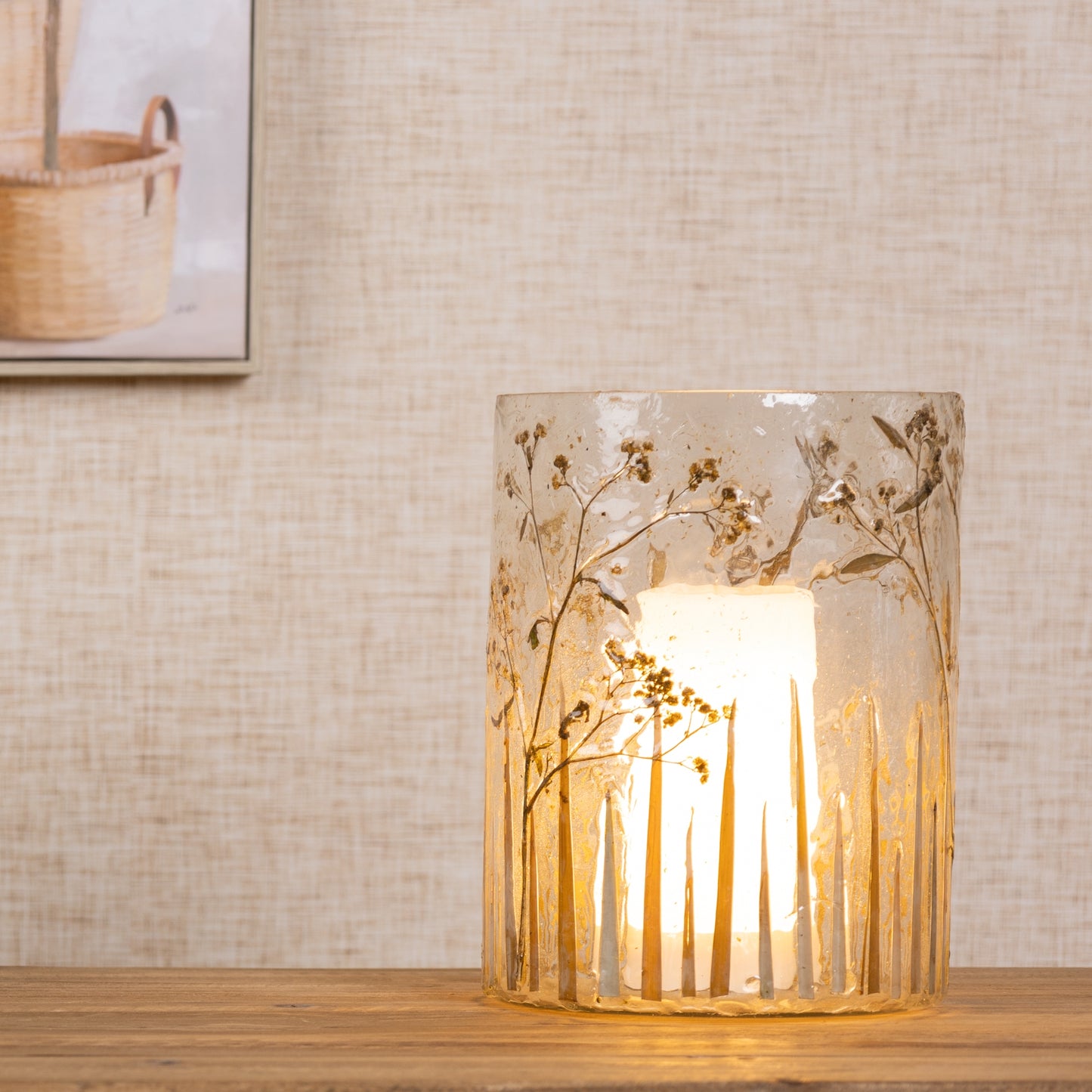 Dried Floral Glass Candle Holder 8"H