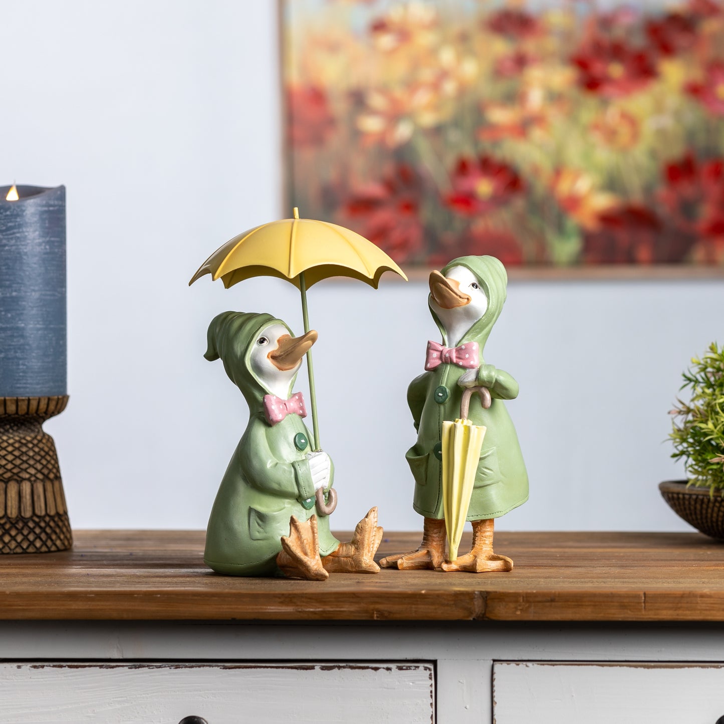 Raincoat Duck Figurine with Umbrella (Set of 2)