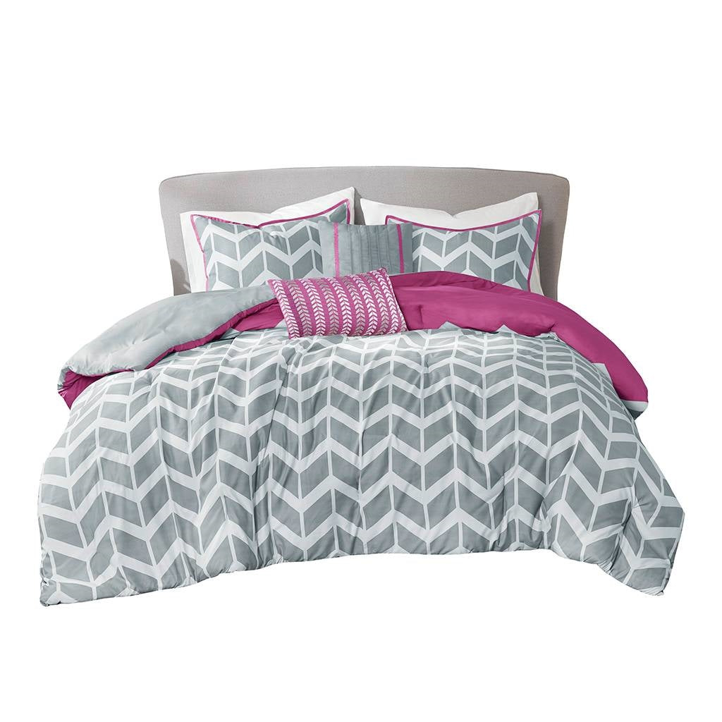 Twin Reversible Comforter Set with Grey White Purple Pink Chevron Pattern
