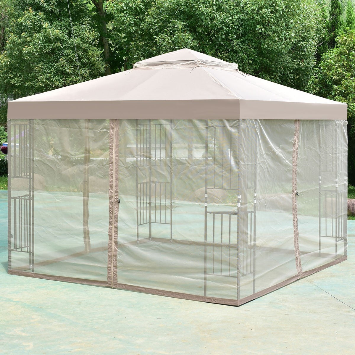 Outdoor Patio Gazebo with Taupe Brown Canopy and Mesh Sidewalls