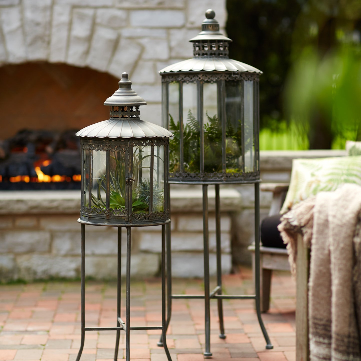 Ornamental Metal Lantern with Stand (Set of 2)