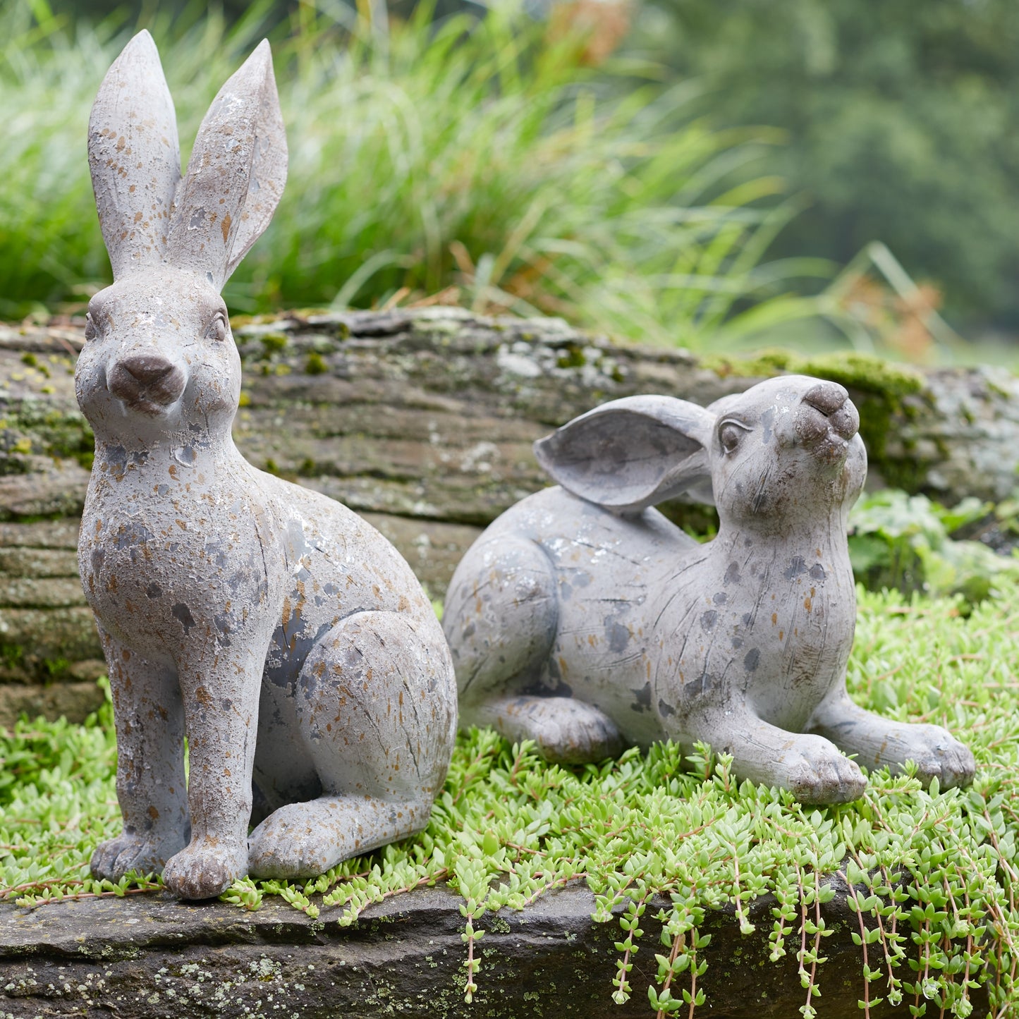 Weathered Stone Garden Rabbit Figurine (Set of 2)