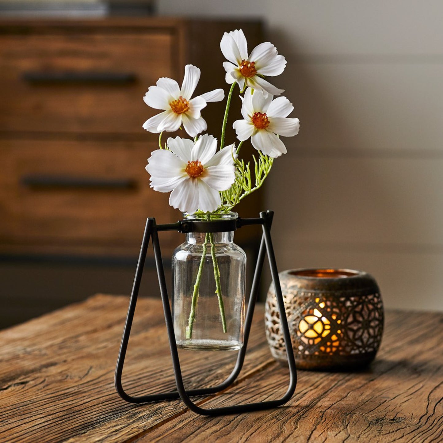 Hanging Glass Jar Vase with Metal Stand (Set of 2)