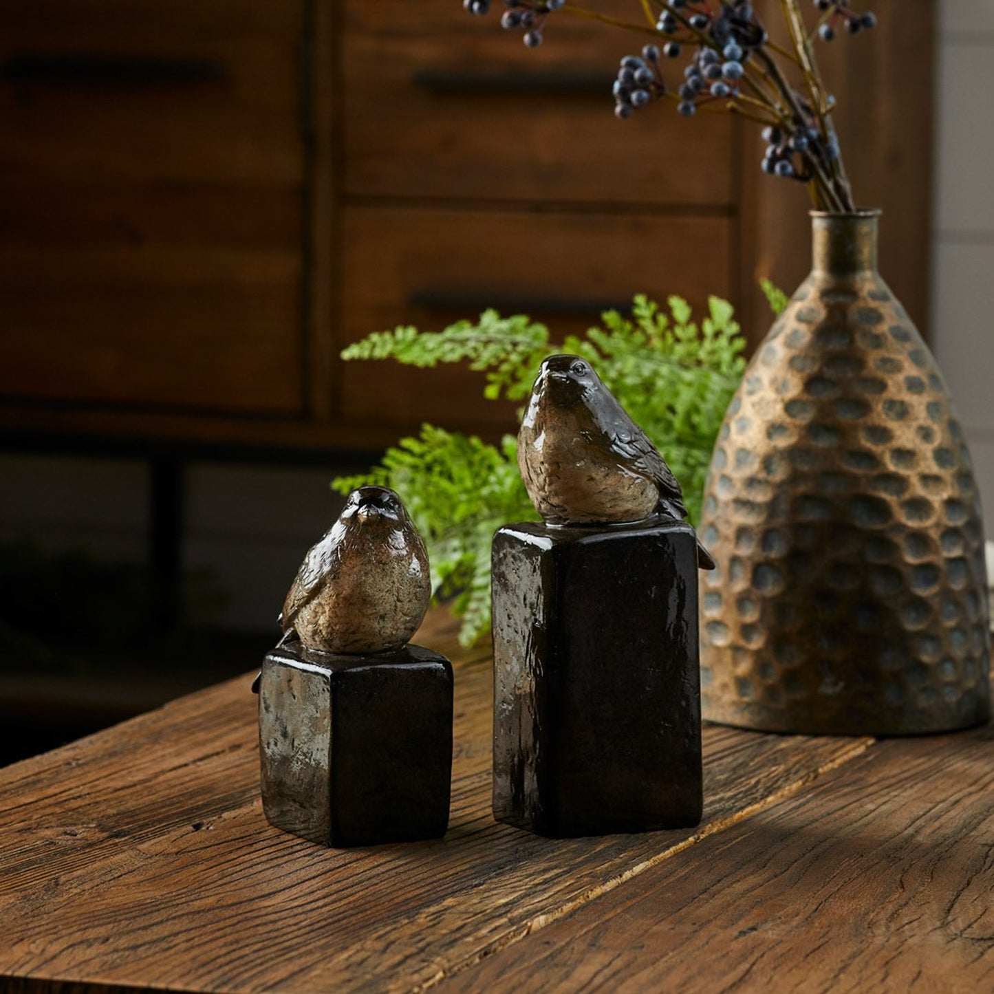 Stone Perched Bird Figurine with Block Weight (Set of 2)