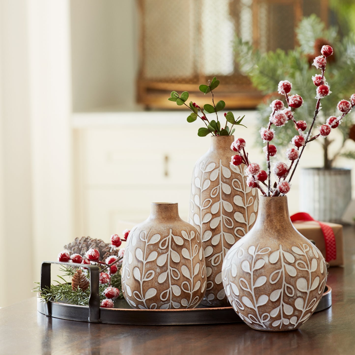 Leaf Print Vase with Wood Design (Set of 3)