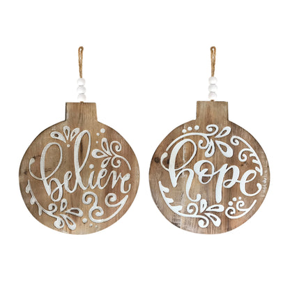 Wood Believe and Hope Sentiment Ornament with Bead Hanger (Set of 6)