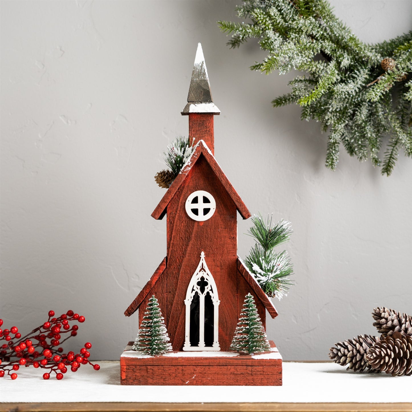 Lighted Winter Church Display with Pine Accents and Snowy Finish 19"H