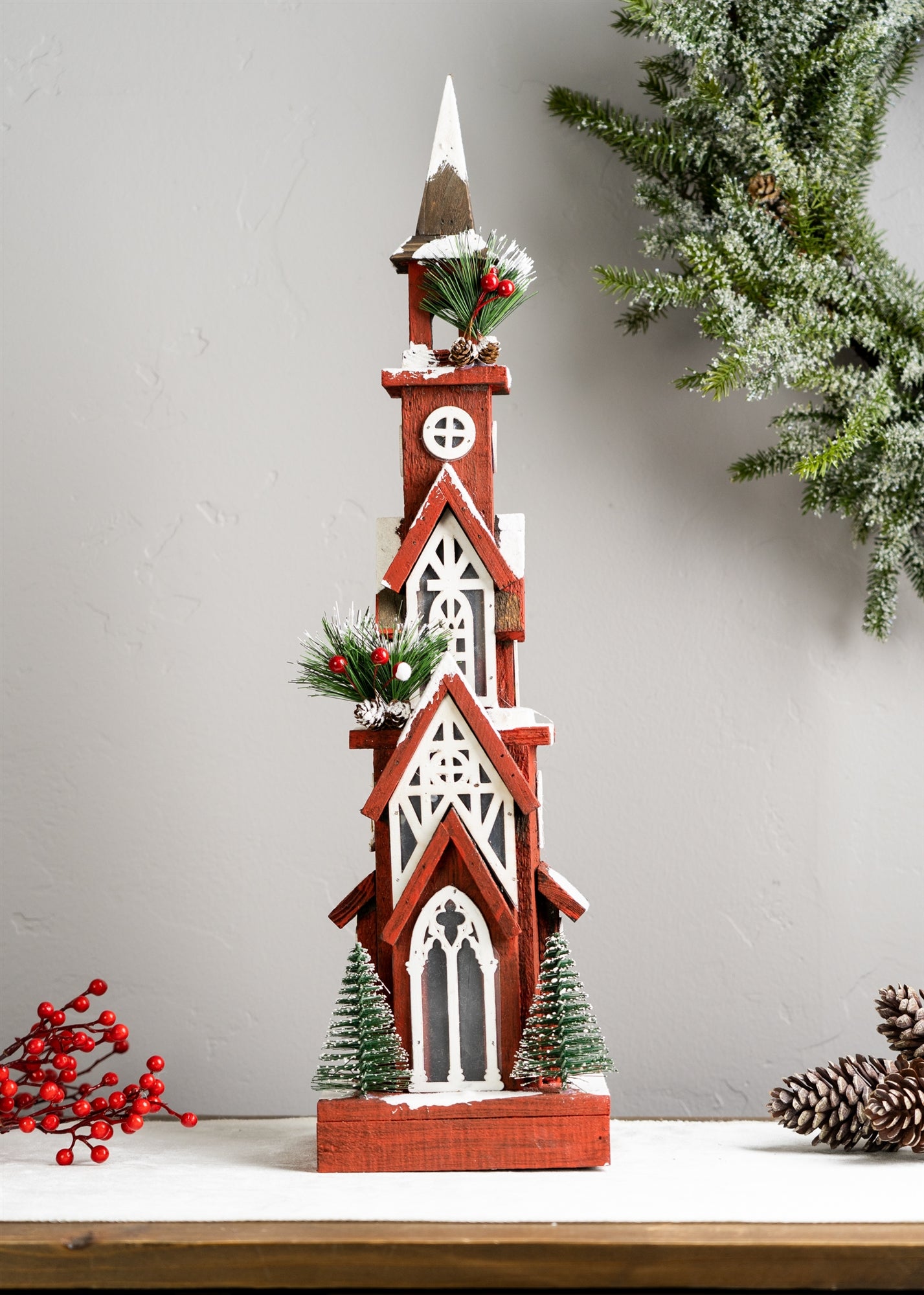 Lighted Winter Church Display with Pine Accents and Snowy Finish 19"H