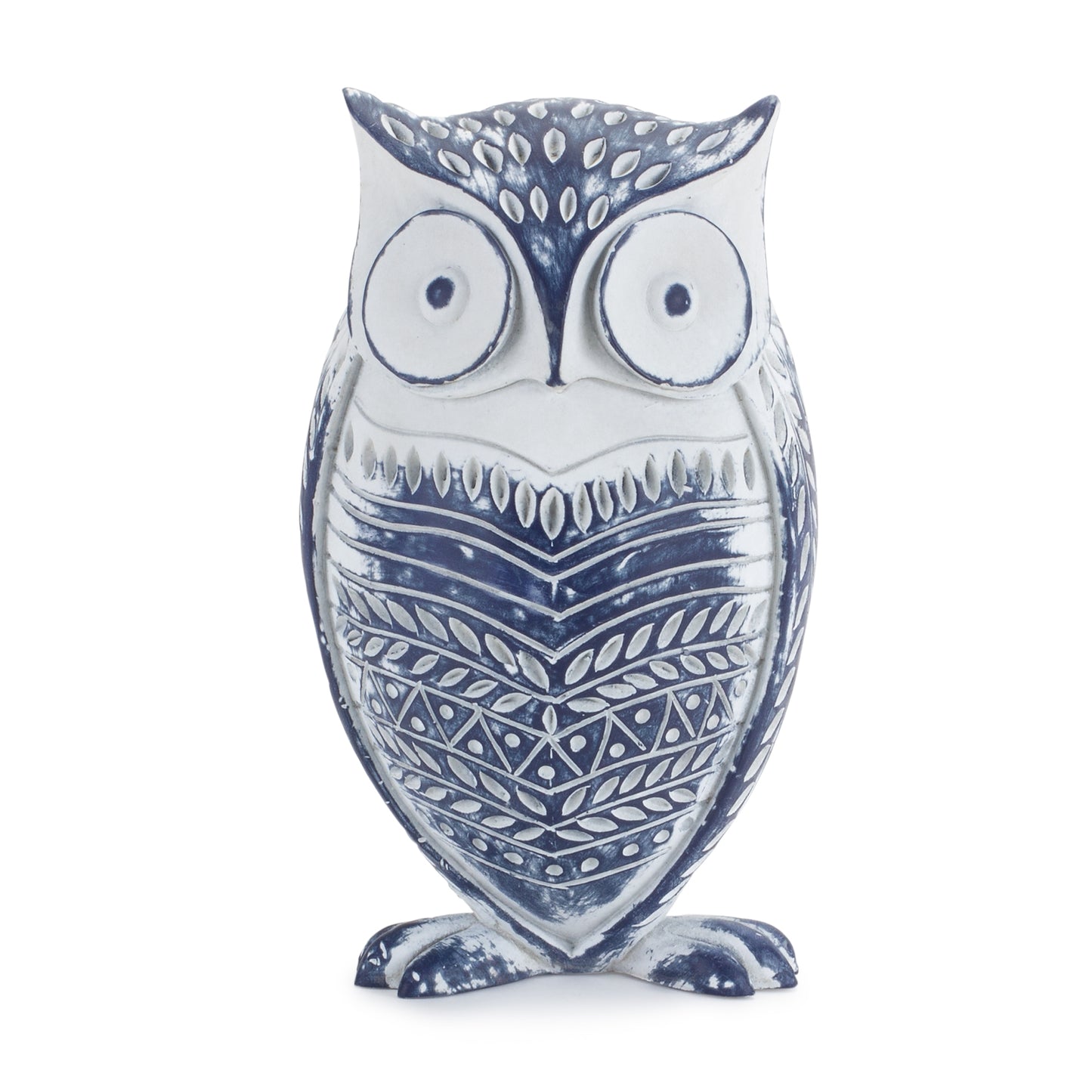 White Washed Owl Décor with Blue Floral Design 6.5"H
