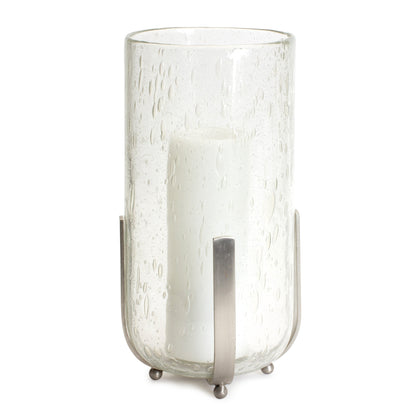 Bubbled Glass Vase Candle Hurricane with Metal Stand