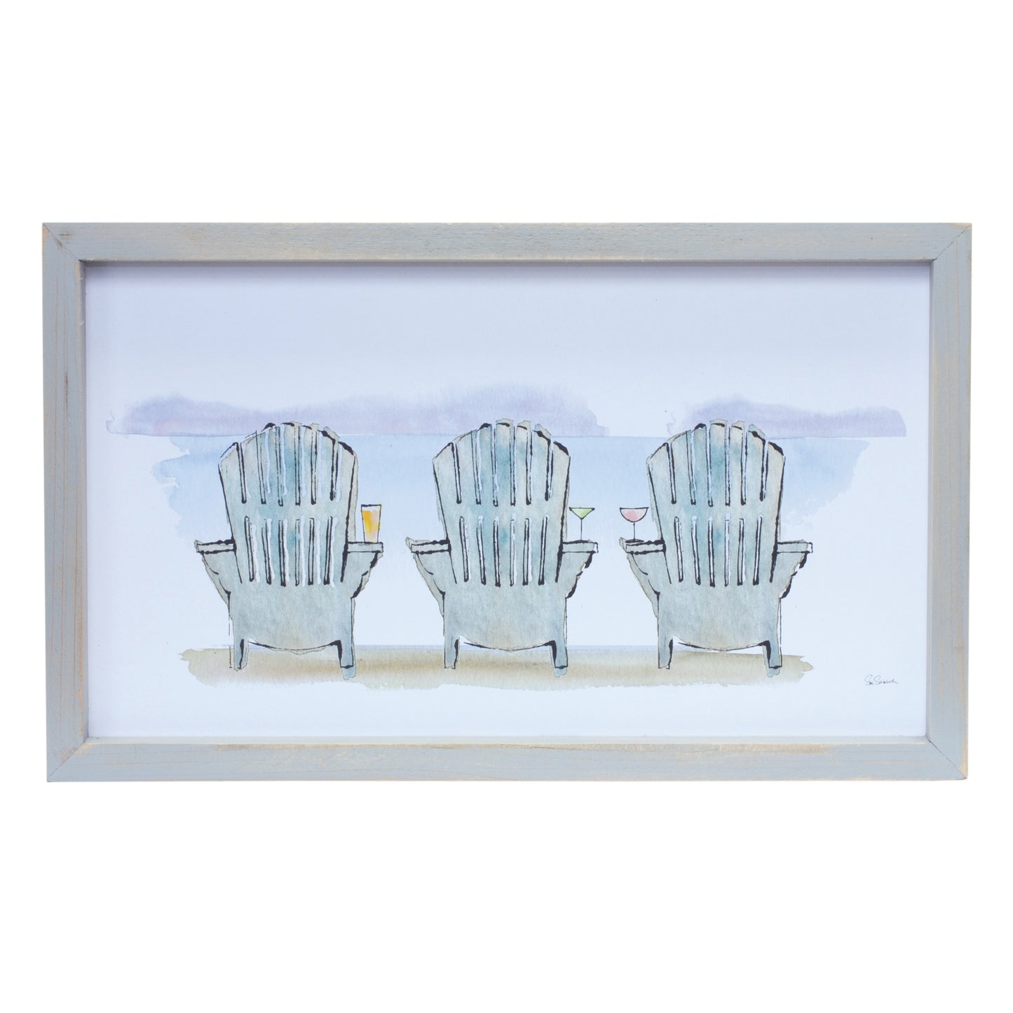 Watercolor Beach Chair Print with Fir Wood Frame (Set of 2)