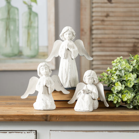 Praying Angel Figurine with White Washed Finish (Set of 3)