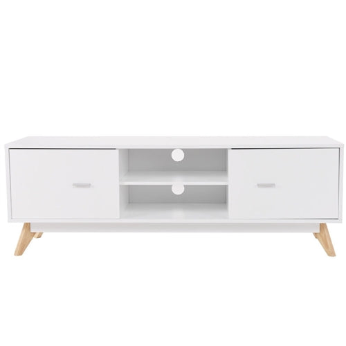 Modern Mid Century Style White TV Stand with Wood Legs