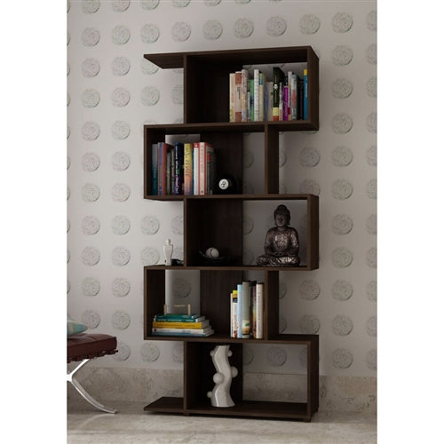 Modern Zig-Zag Bookcase with 5-Shelves in Dark Brown Finish