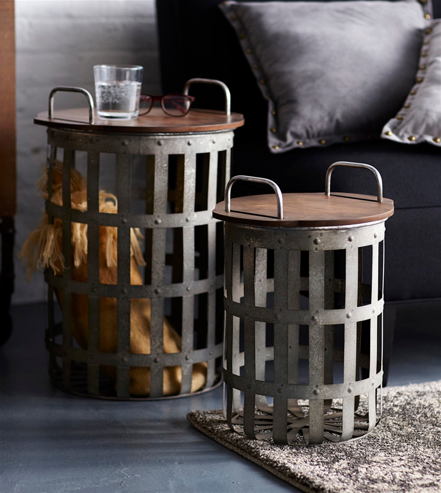 Metal and Wood Side Basket Tables (Set of 2)