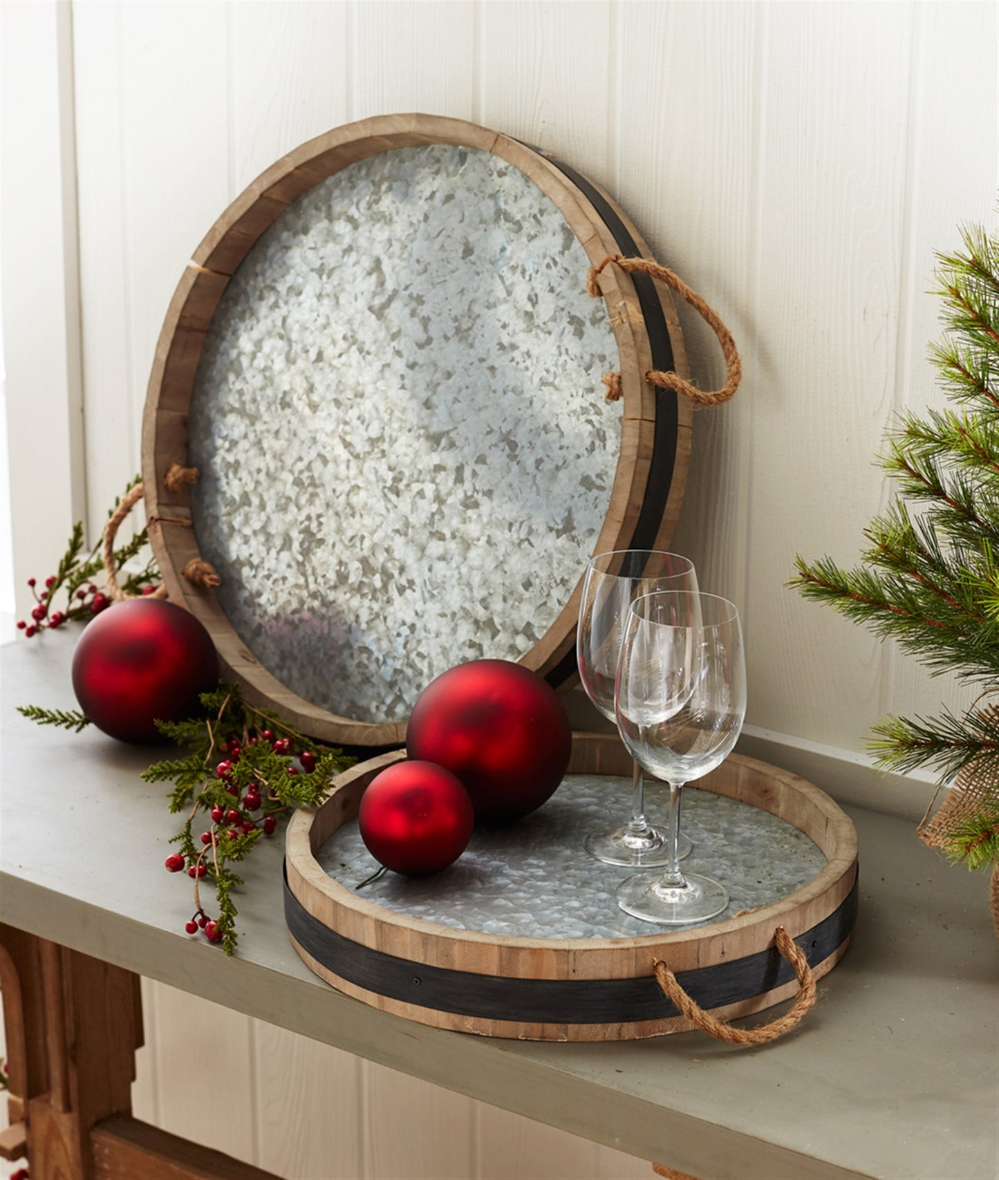 Wine Barrel Tray with Galvanized Metal Finish (Set of 2)