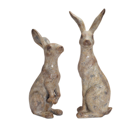 Weathered Stone Standing Garden Rabbit Figurine (Set of 2)