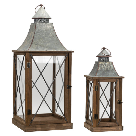 Rustic Wood Lantern with Galvanized Metal Lid (Set of 2)