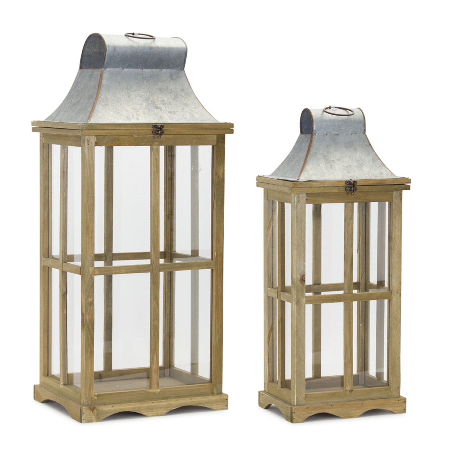 Natural Wood Lantern with Galvanized Metal Lid (Set of 2)