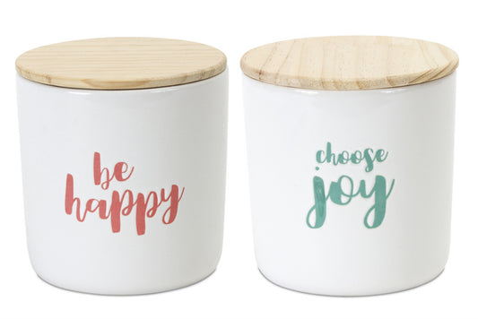 Stoneware Happy Sentiment Canister with Wood Lid (Set of 2)