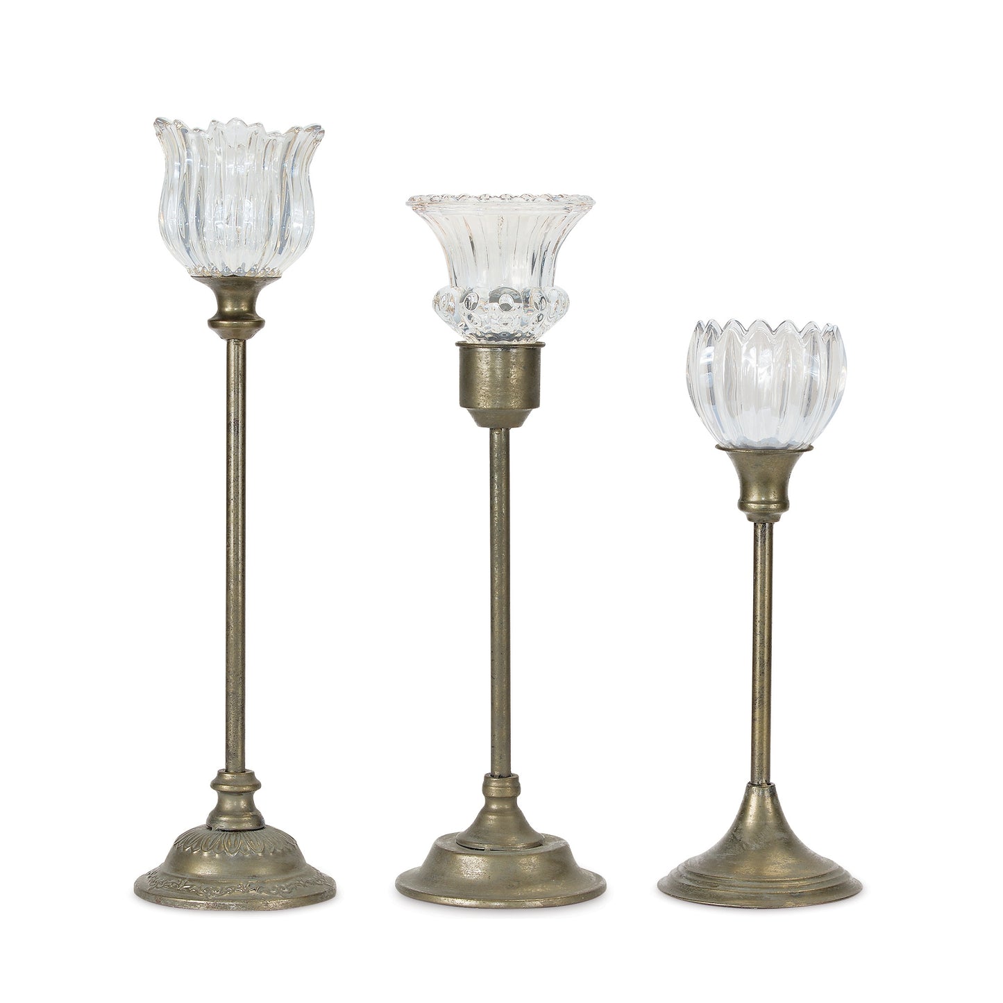 Antique Metal Candle Stick with Glass Holder (Set of 3)