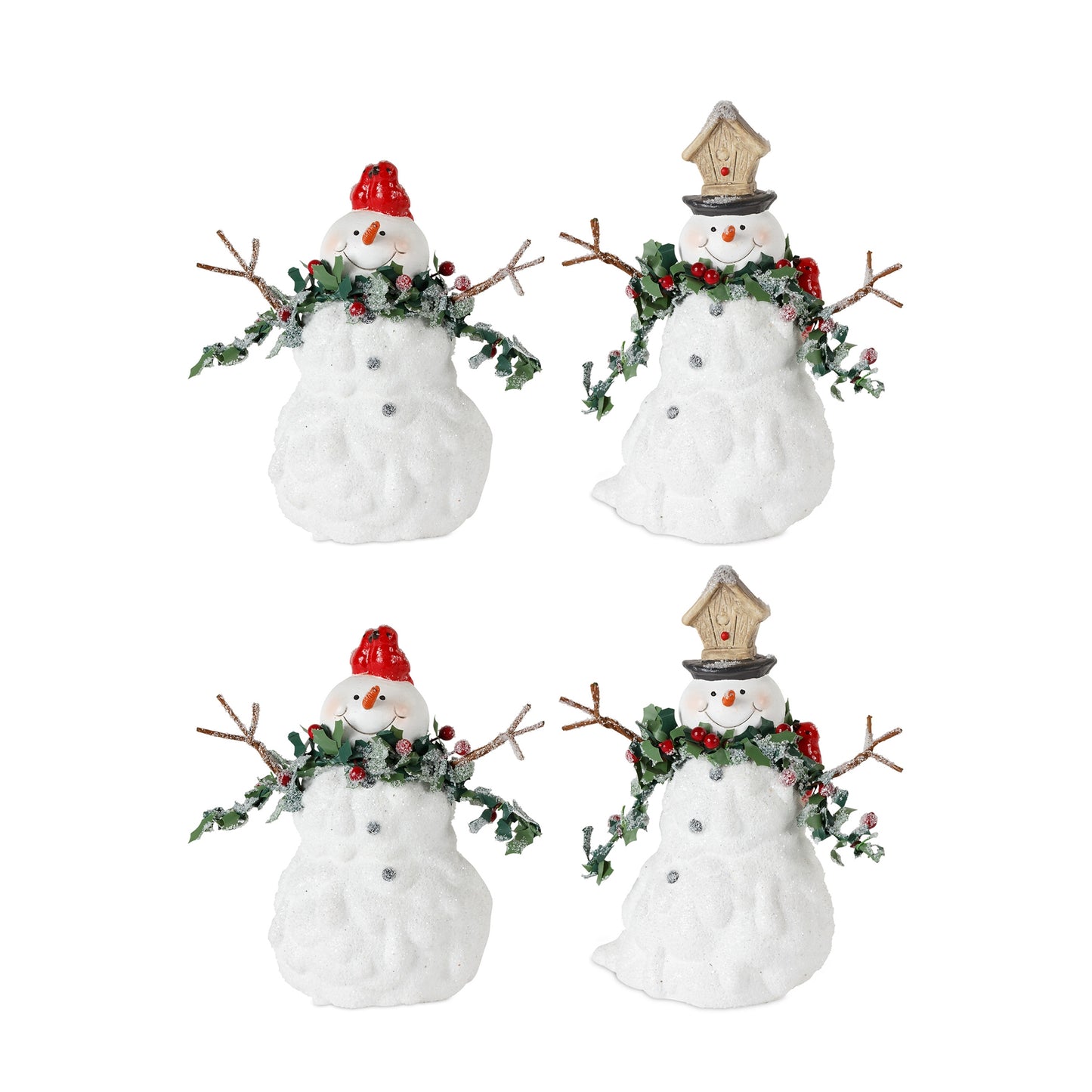 Terra Cotta Melted Snowman Family with Bird and Pine Accents (Set of 2)