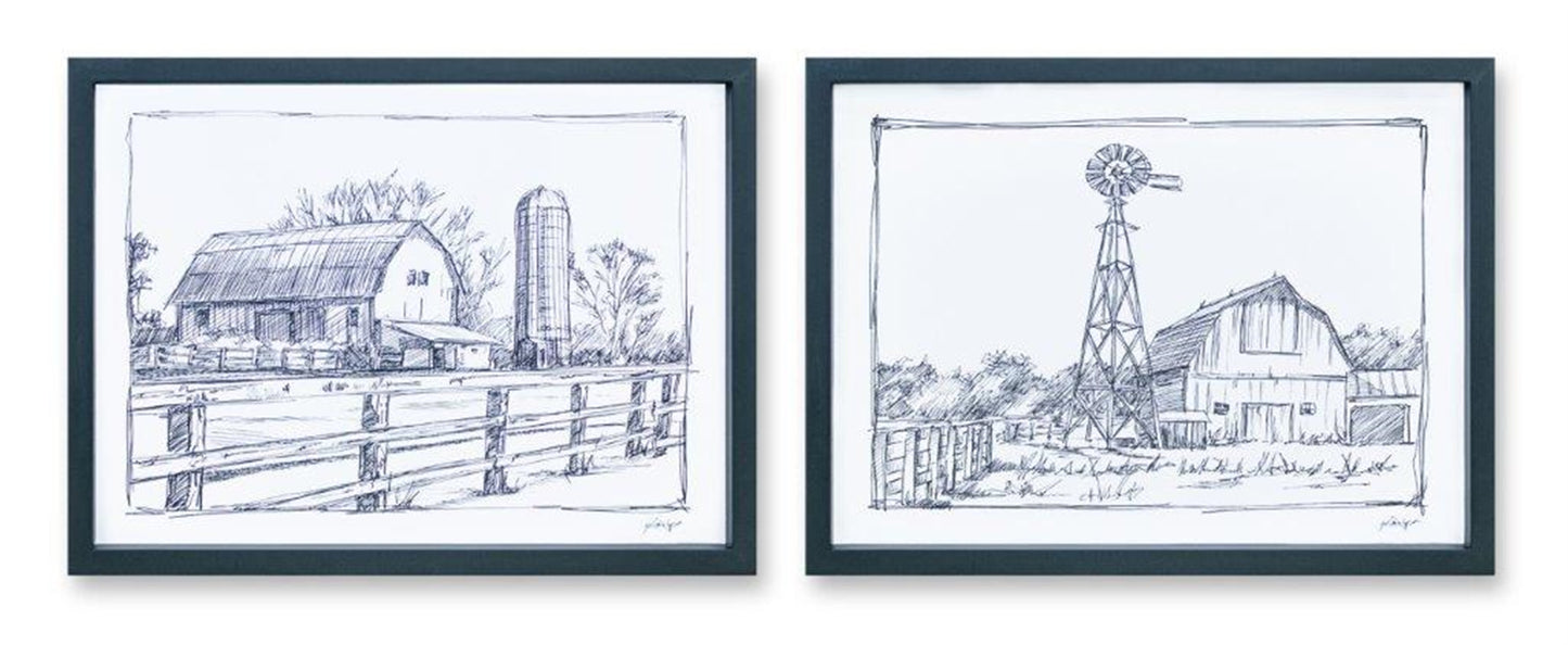 Framed Sketch Art Barn Print (Set of 2)