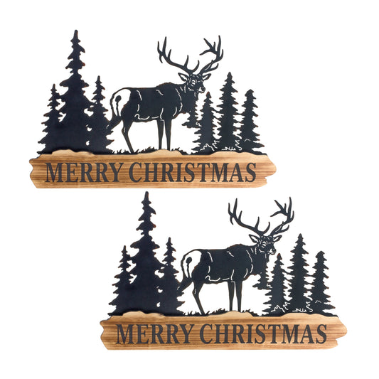 Wood Merry Christmas Sign with Cut Metal Forest Accent (Set of 2)