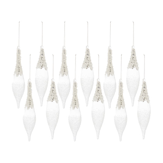 White Beaded Tear Drop Icicle Ornament (Set of 12)