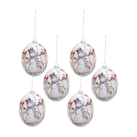 Whimsical Snowman Disc Ornament with Snowy Cardinal Scene (Set of 6)